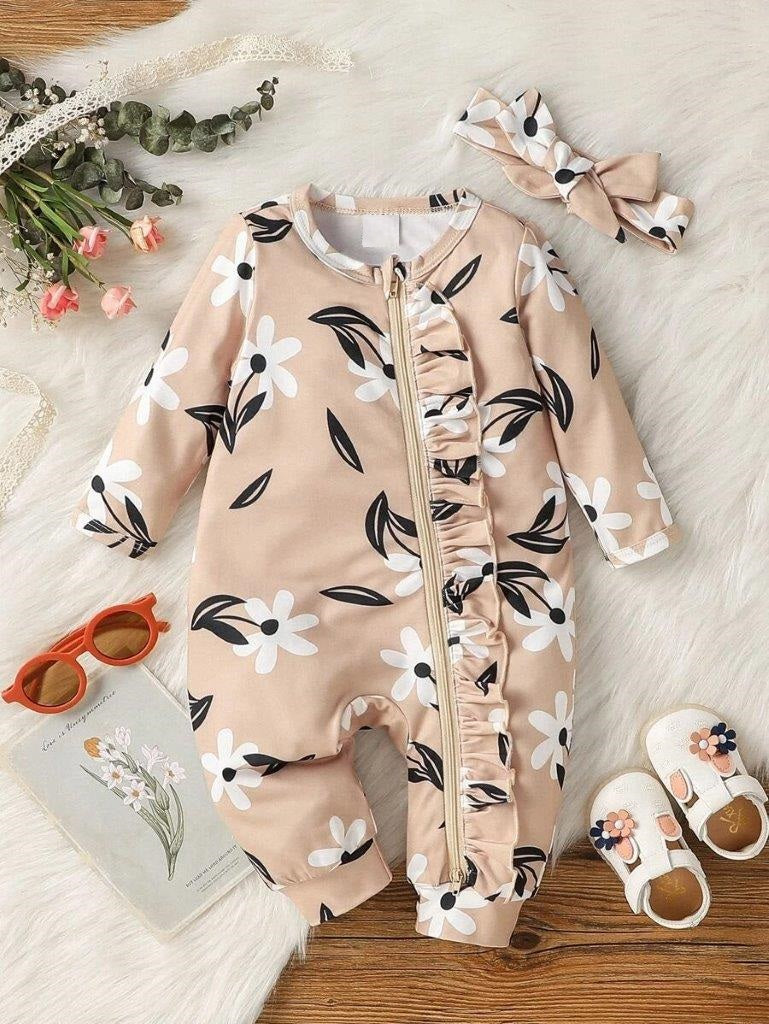Baby Flower Printed Ruffle Trim Jumpsuit And Headband Set