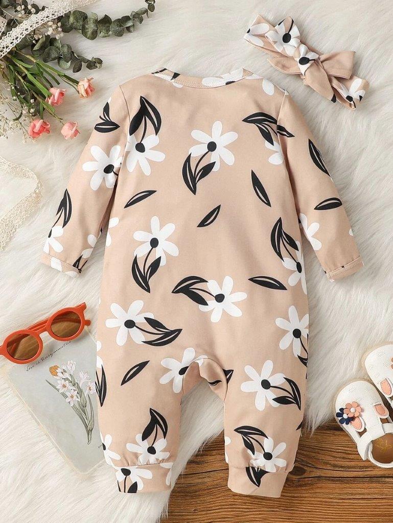 Baby Flower Printed Ruffle Trim Jumpsuit And Headband Set