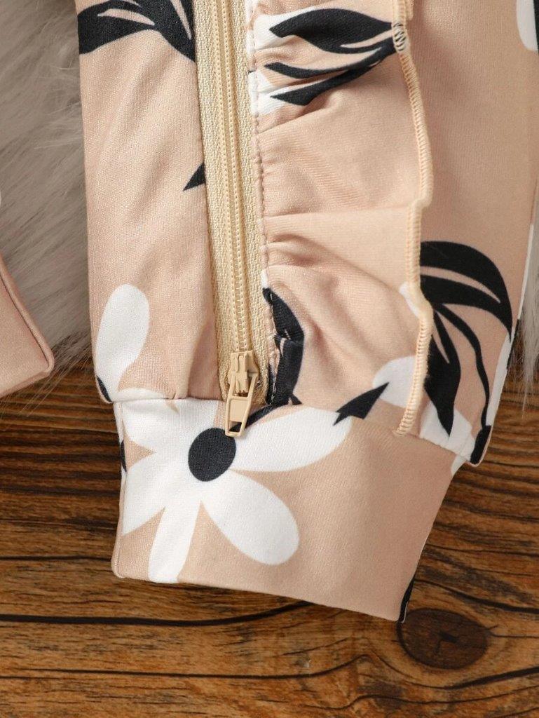 Baby Flower Printed Ruffle Trim Jumpsuit And Headband Set