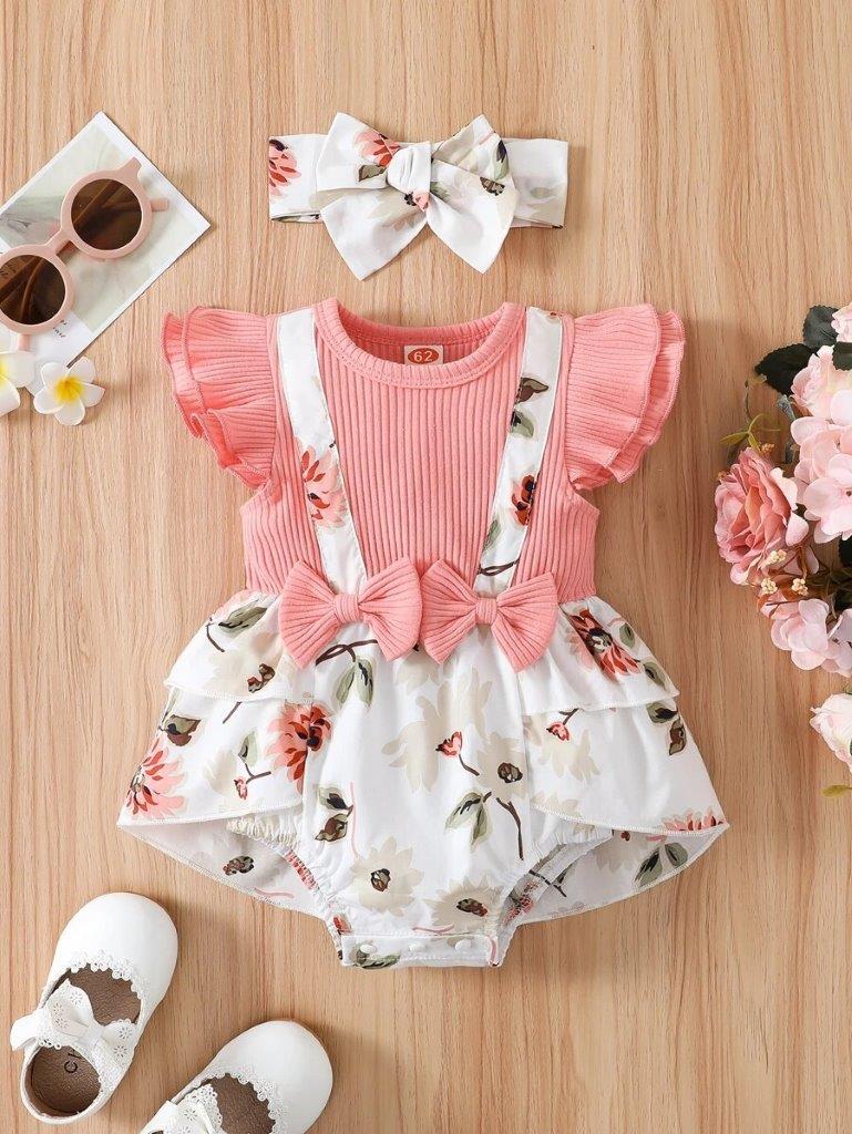 Baby Double Bow Flower Pattern Bodysuit Dress Set