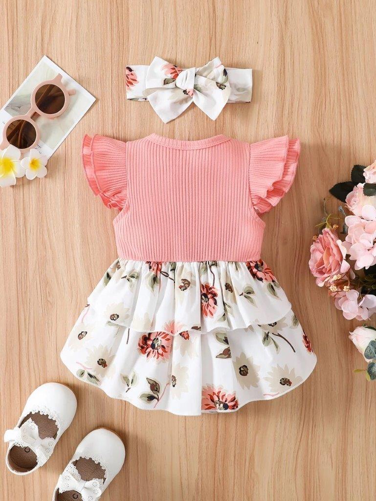Baby Double Bow Flower Pattern Bodysuit Dress Set