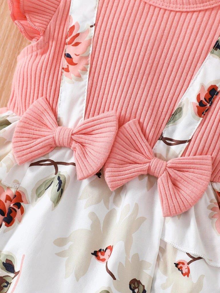 Baby Double Bow Flower Pattern Bodysuit Dress Set
