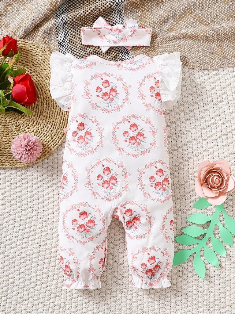 Baby Floral Print Romper With Headband