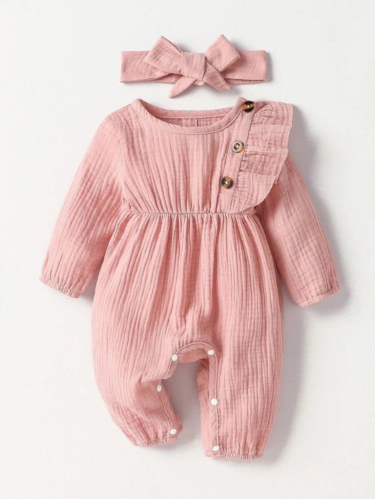 Baby Button Ruffle Trim Romper Dusty Pink