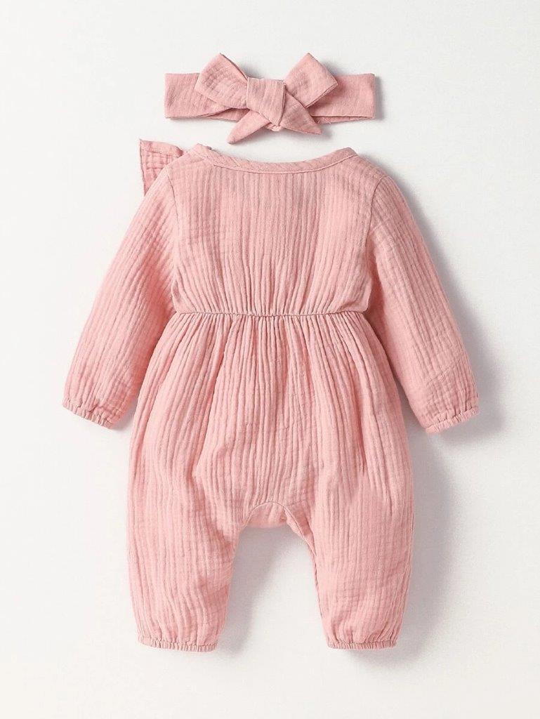 Baby Button Ruffle Trim Romper Dusty Pink