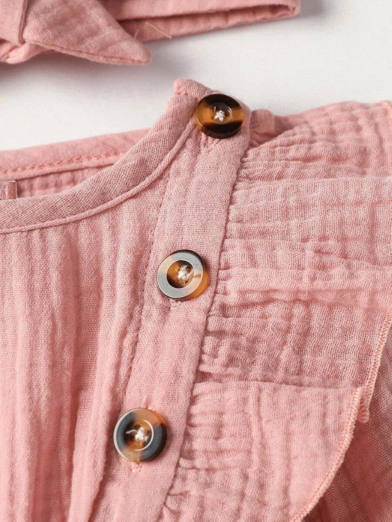 Baby Button Ruffle Trim Romper Dusty Pink