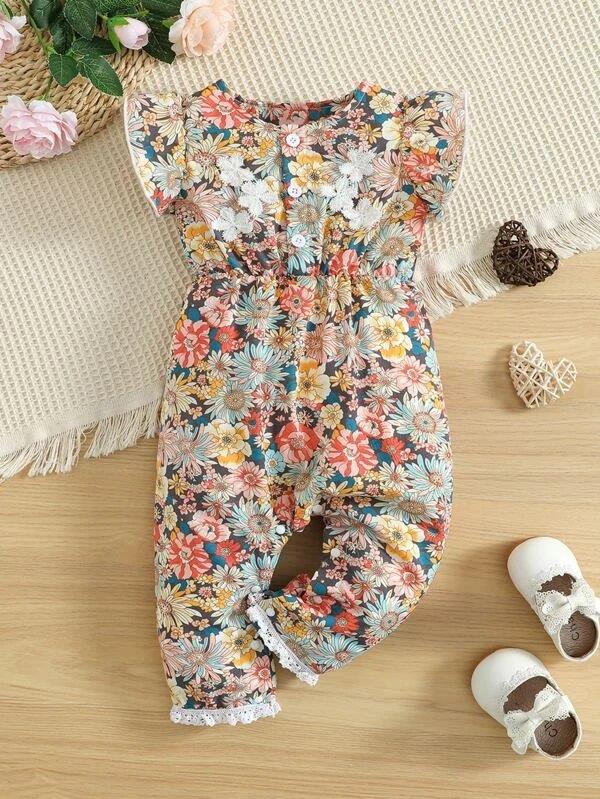 Lace Flower Ruffle Trim Romper