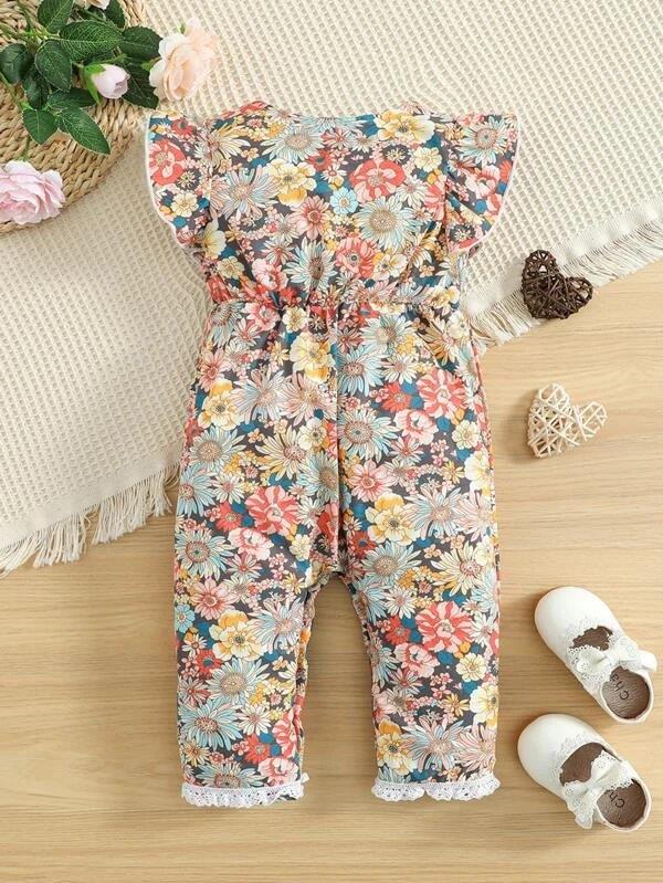 Lace Flower Ruffle Trim Romper