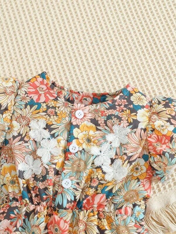 Lace Flower Ruffle Trim Romper