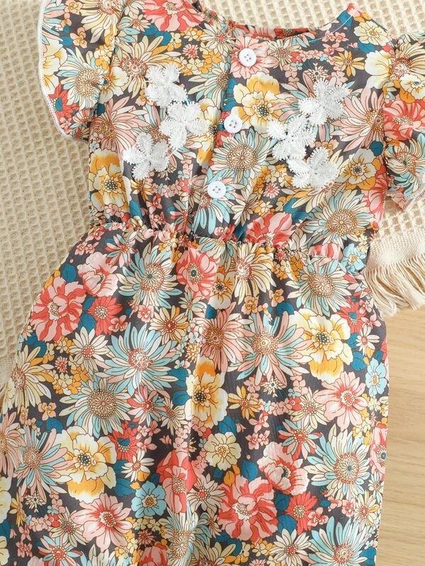Lace Flower Ruffle Trim Romper