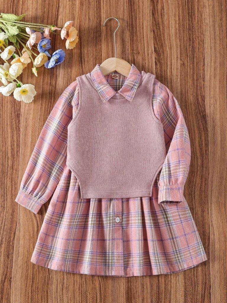 Toddler Girls Hem Vest And Plaid Shirt Dress