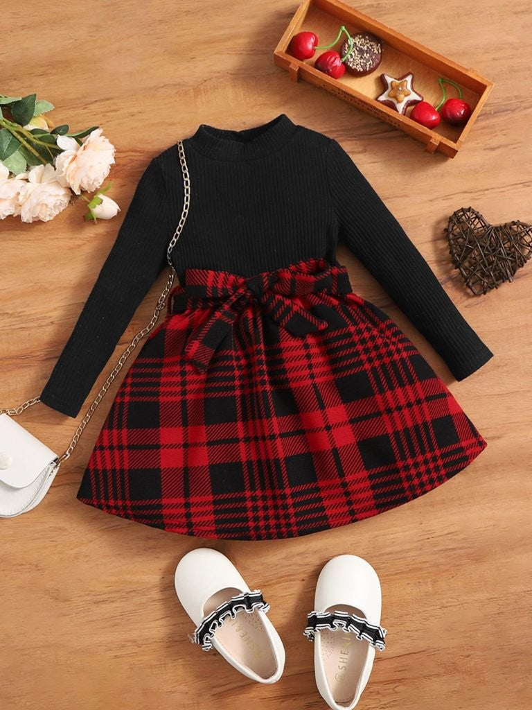 Baby Red And Black Plaid Belted Dress