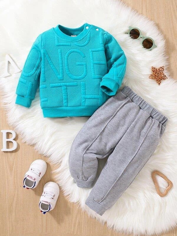 Baby Letter Pullover And Pants Set Aqua