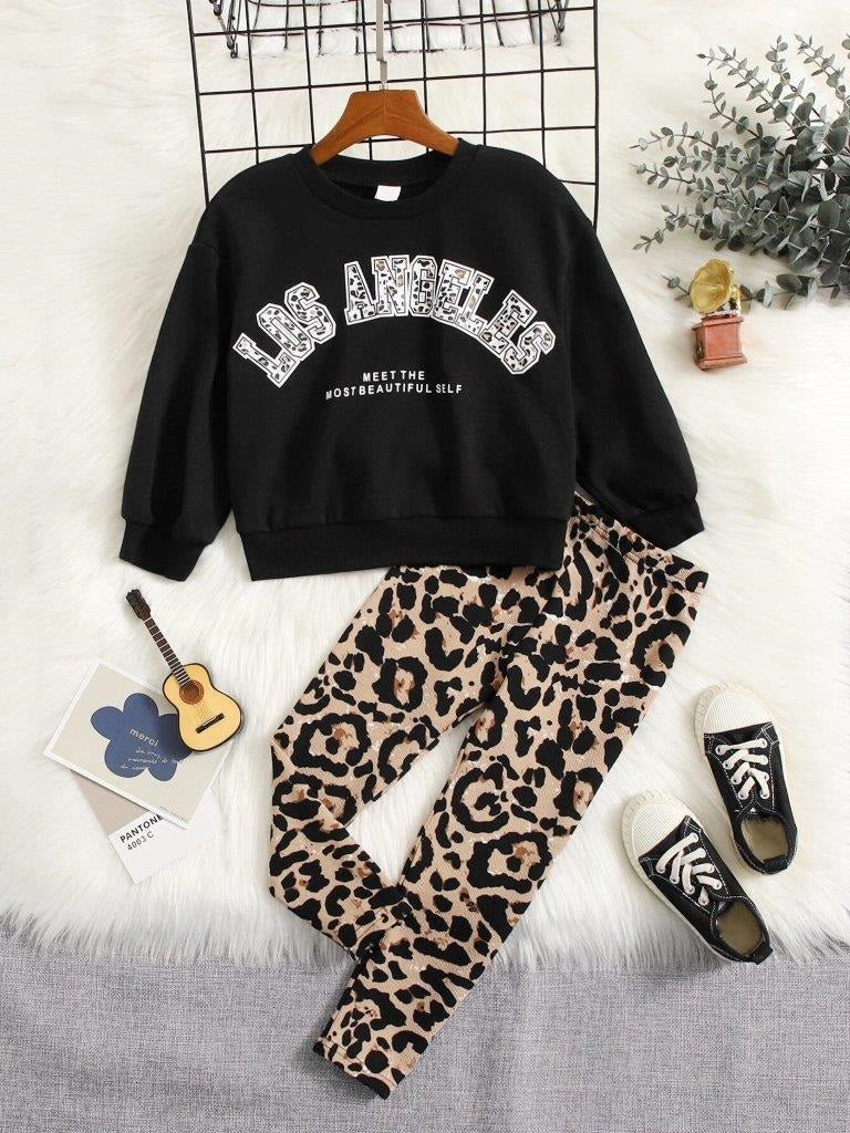 Toddler Girls Slogan Leopard Pullover And Pants