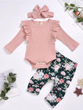 Pink Ruffle Bodysuit And Floral Pants Set