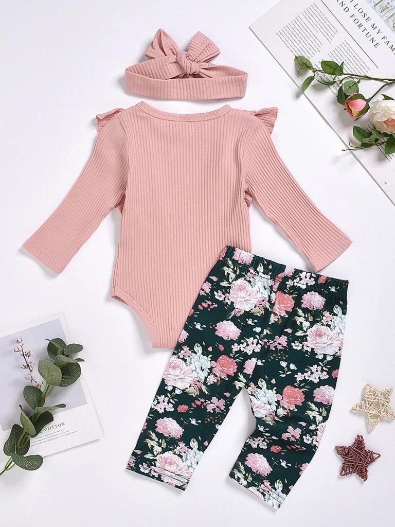 Pink Ruffle Bodysuit And Floral Pants Set