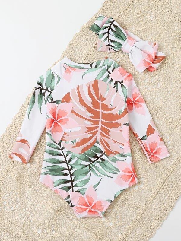Baby Floral Leaf Swimming Costume With Headband Pink