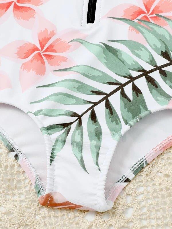 Baby Floral Leaf Swimming Costume With Headband Pink