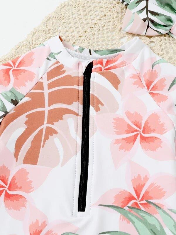 Baby Floral Leaf Swimming Costume With Headband Pink