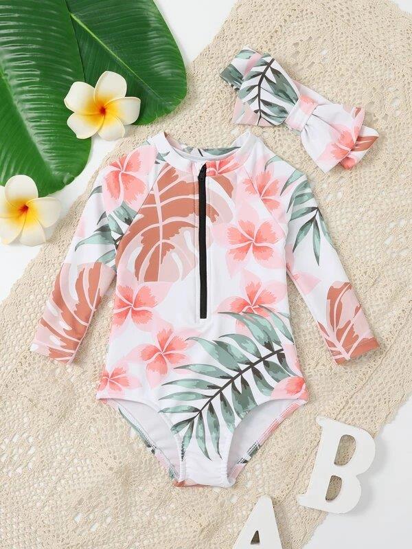 Baby Floral Leaf Swimming Costume With Headband Pink