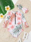 Baby Floral Leaf Swimming Costume With Headband Pink