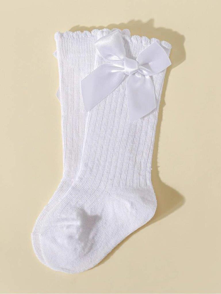 Baby White Long Bow Socks 0-6 Months