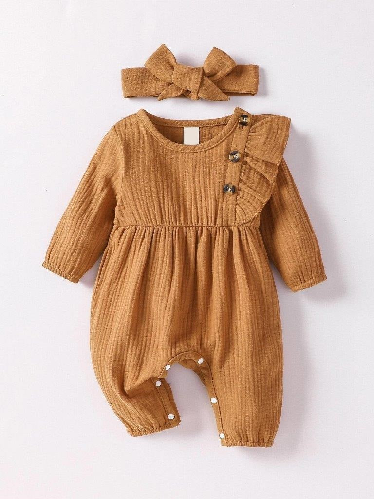 Baby Button Ruffle Trim Romper Brown