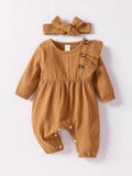 Baby Button Ruffle Trim Romper Brown