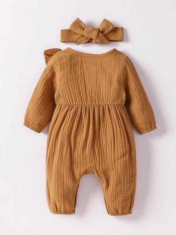 Baby Button Ruffle Trim Romper Brown