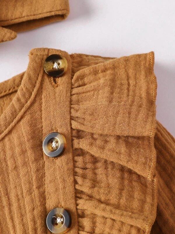 Baby Button Ruffle Trim Romper Brown