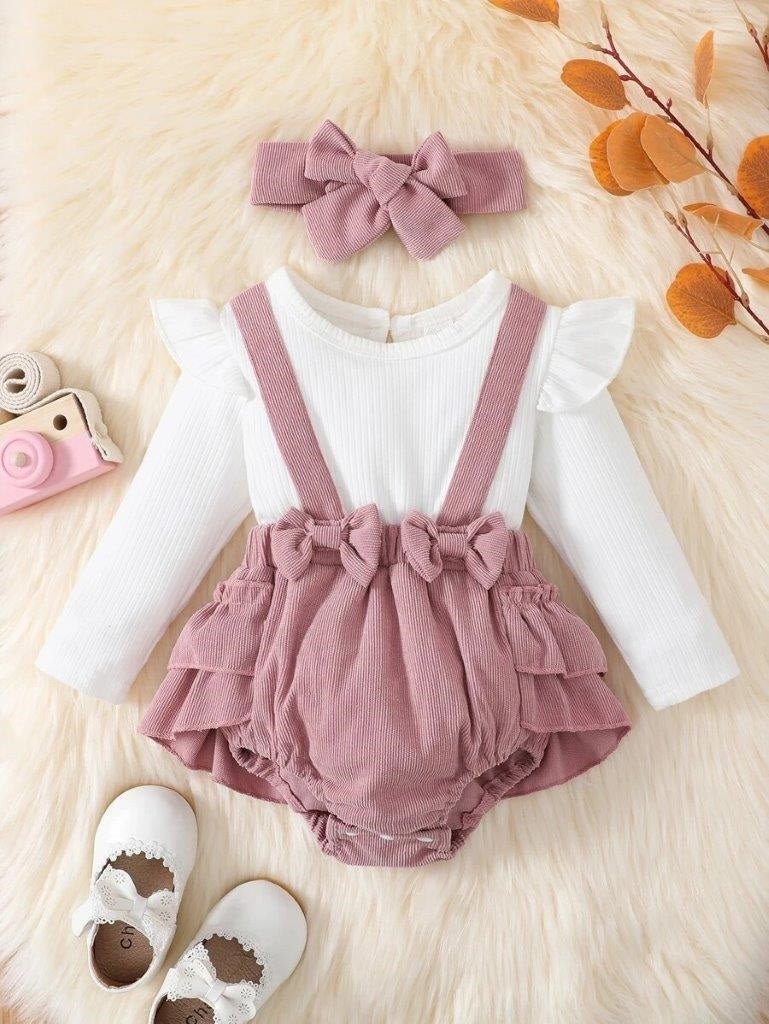 Baby Double Bow Corduroy Frilled Bodysuit Dress