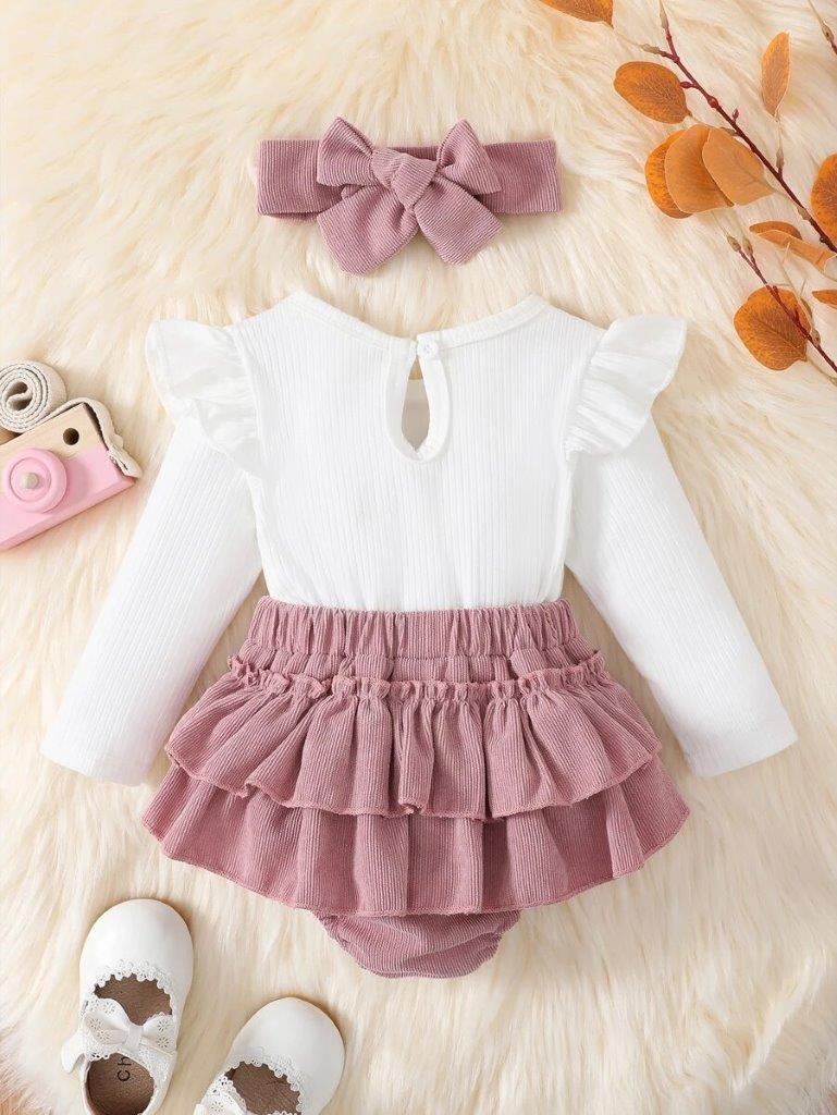 Baby Double Bow Corduroy Frilled Bodysuit Dress