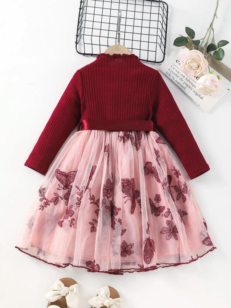 Toddler Girls Butterfly Embroidered Belted Dress