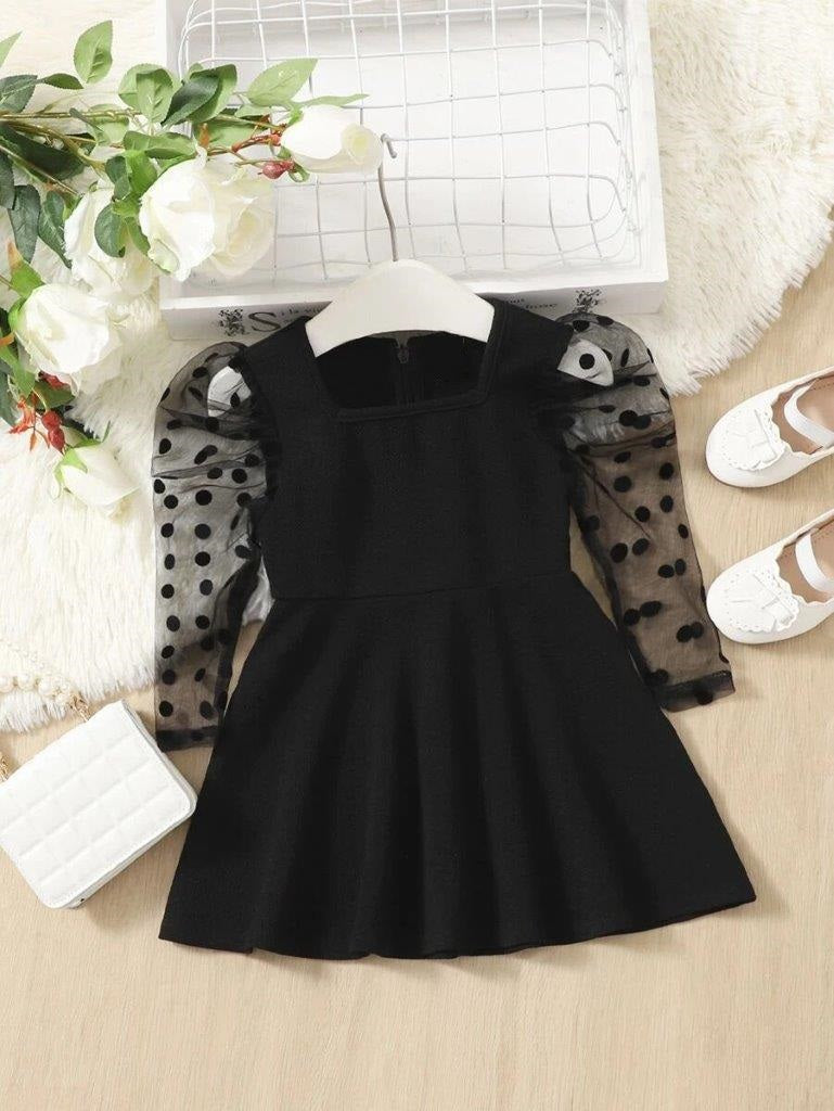 Baby Black Mesh Dotted Puff Sleeve Dress