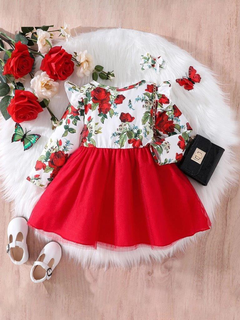 Baby Red Floral Dress With Headband