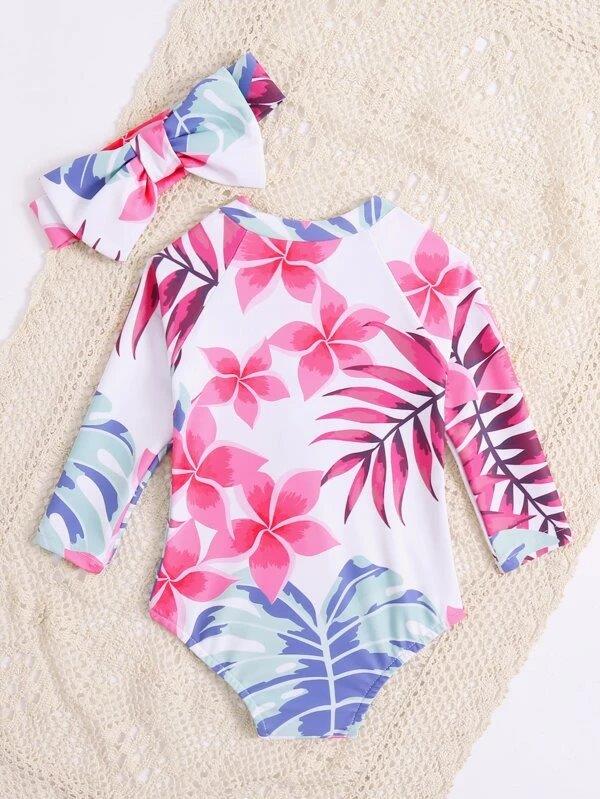 Baby Girl Floral Swimming Costume With Headband