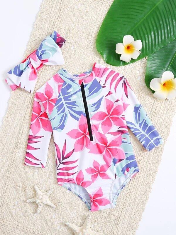 Baby Girl Floral Swimming Costume With Headband