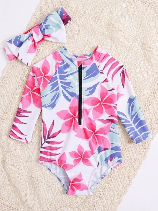 Baby Girl Floral Swimming Costume With Headband