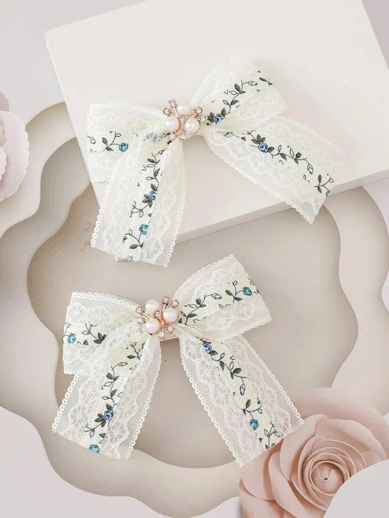 2 Piece Floral Diamante Pearl Bow Hair Clips Set