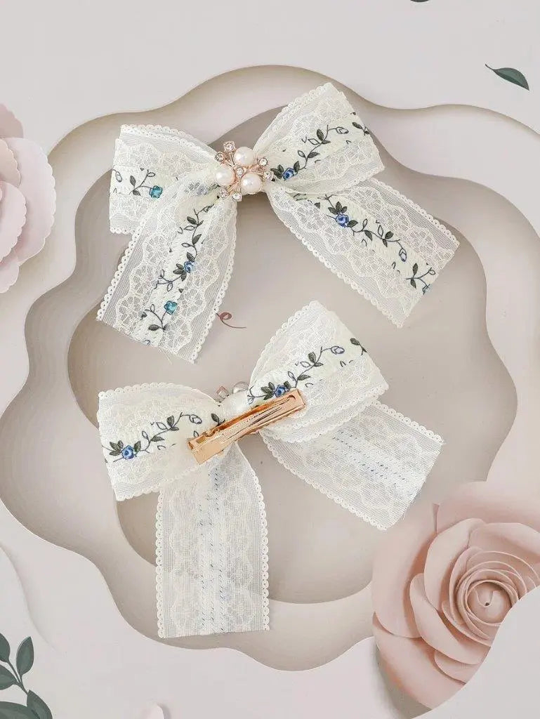 2 Piece Floral Diamante Pearl Bow Hair Clips Set