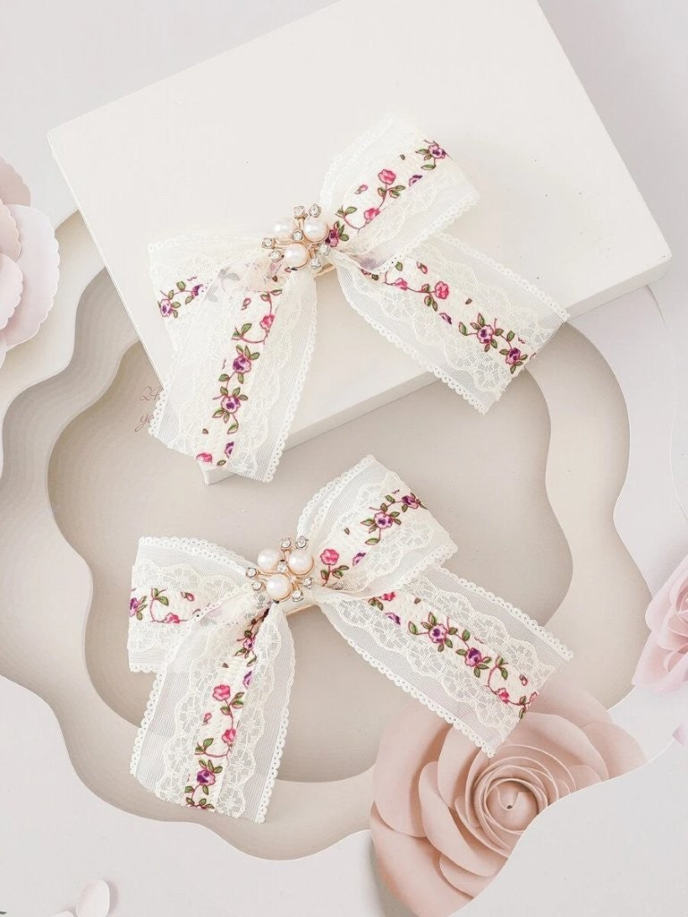 2 Piece Fine Floral Bow Hair Clips Set