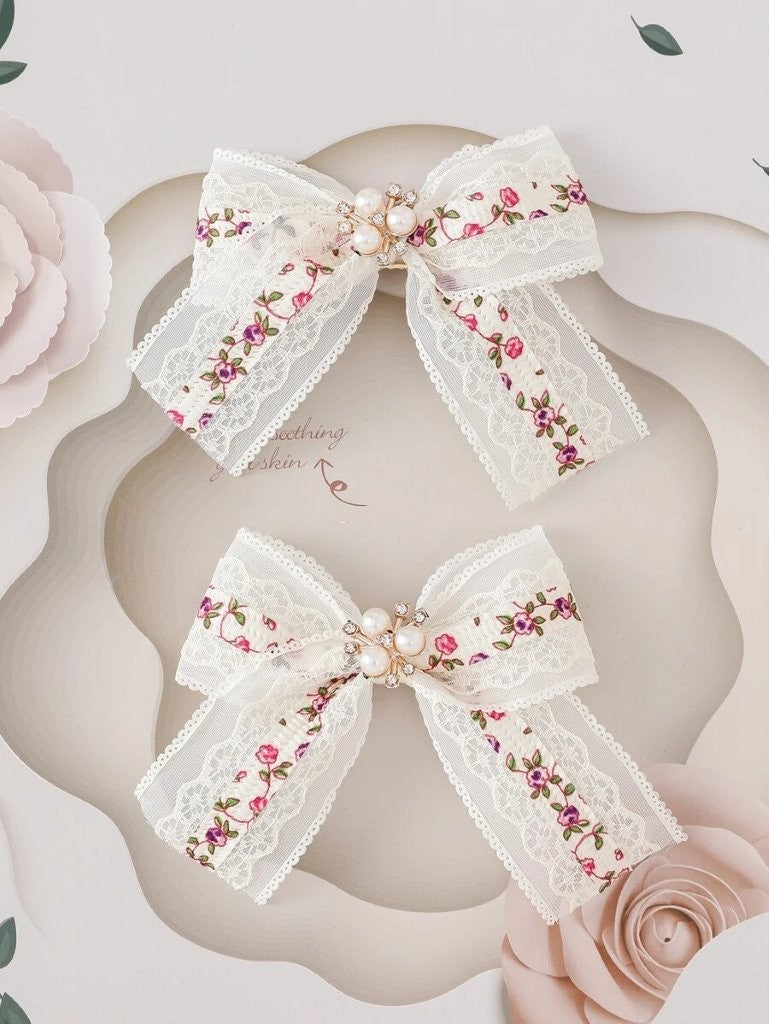 2 Piece Fine Floral Bow Hair Clips Set