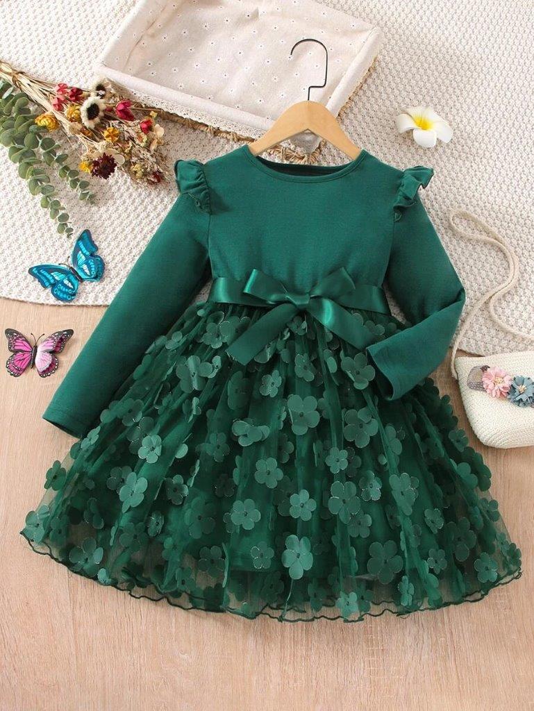Toddler Girls Green Ruffle Trim Belt Dress