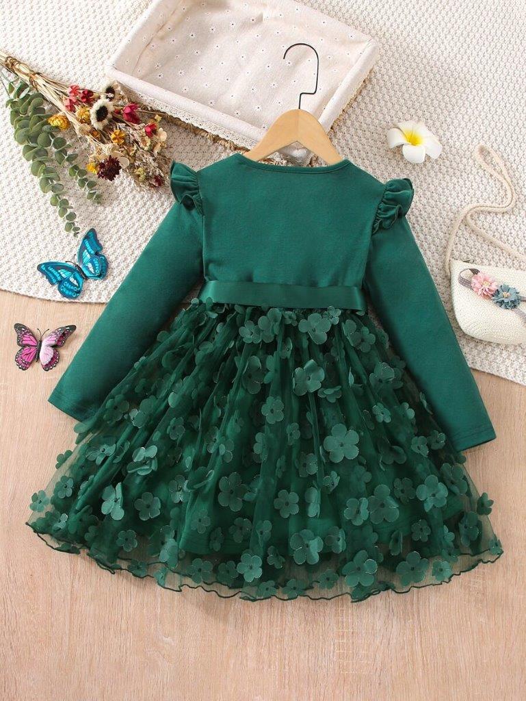 Toddler Girls Green Ruffle Trim Belt Dress