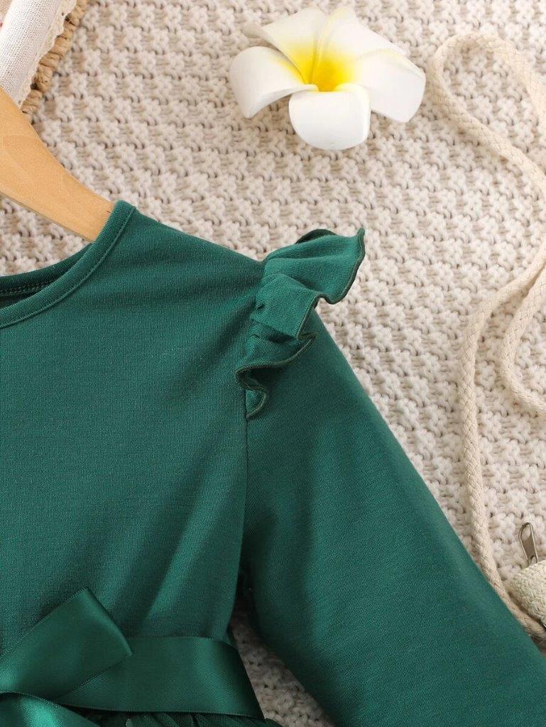 Toddler Girls Green Ruffle Trim Belt Dress