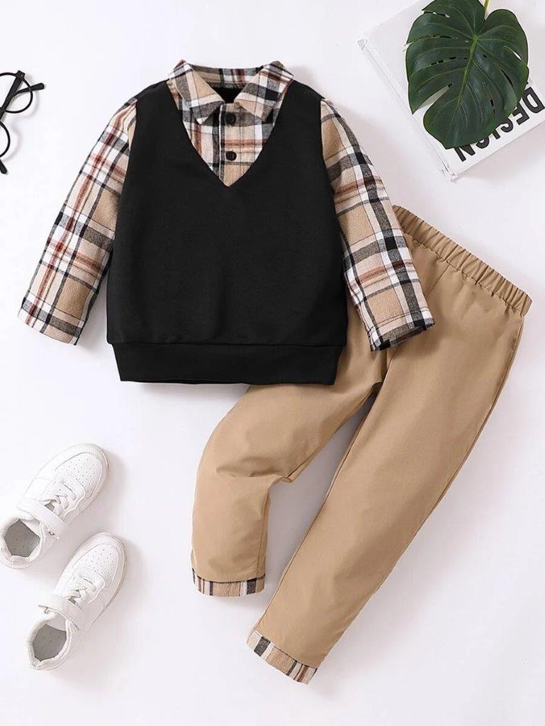 Toddler Boys 2 in 1 Plaid Top And Pants Set