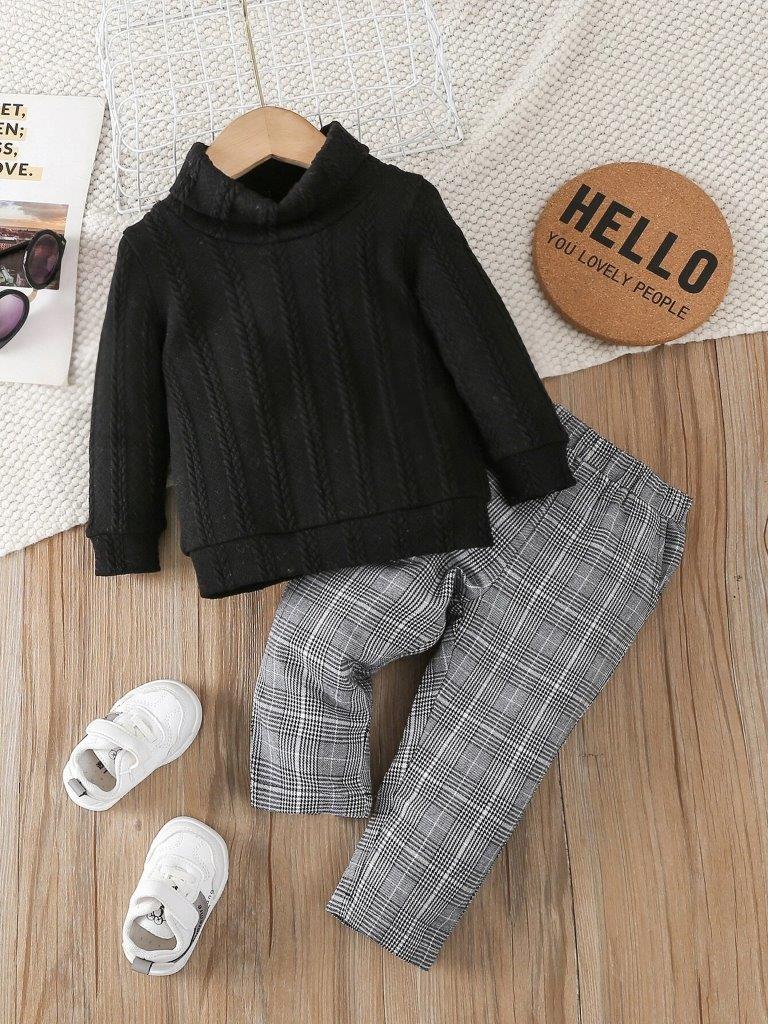 Baby Textured Turtleneck And Plaid Pants Set