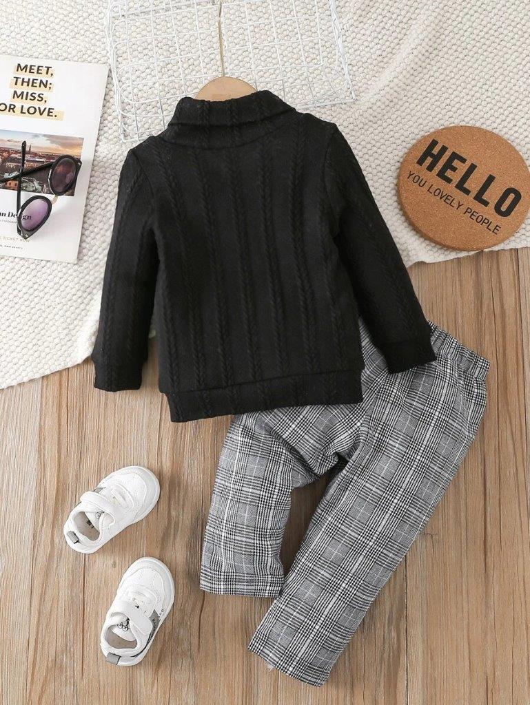 Baby Textured Turtleneck And Plaid Pants Set