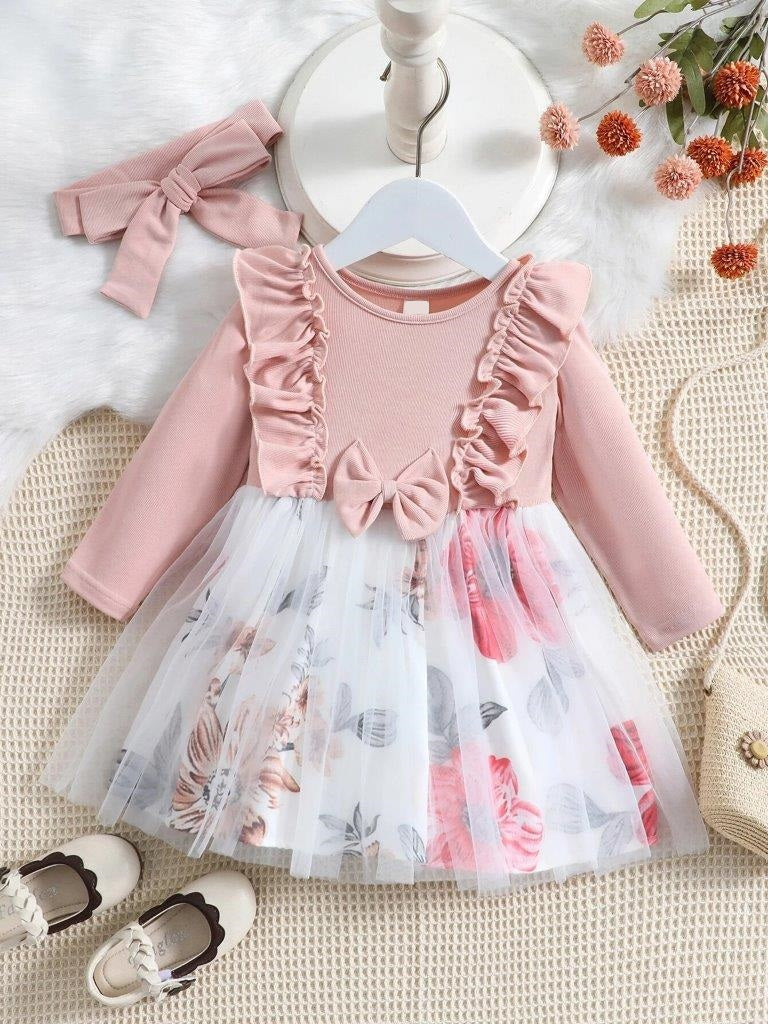Baby Ruffle Floral Dress With Headband