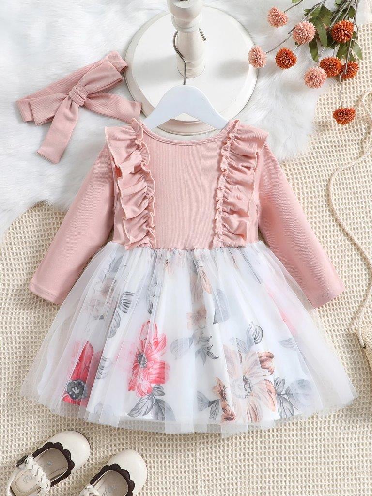 Baby Ruffle Floral Dress With Headband